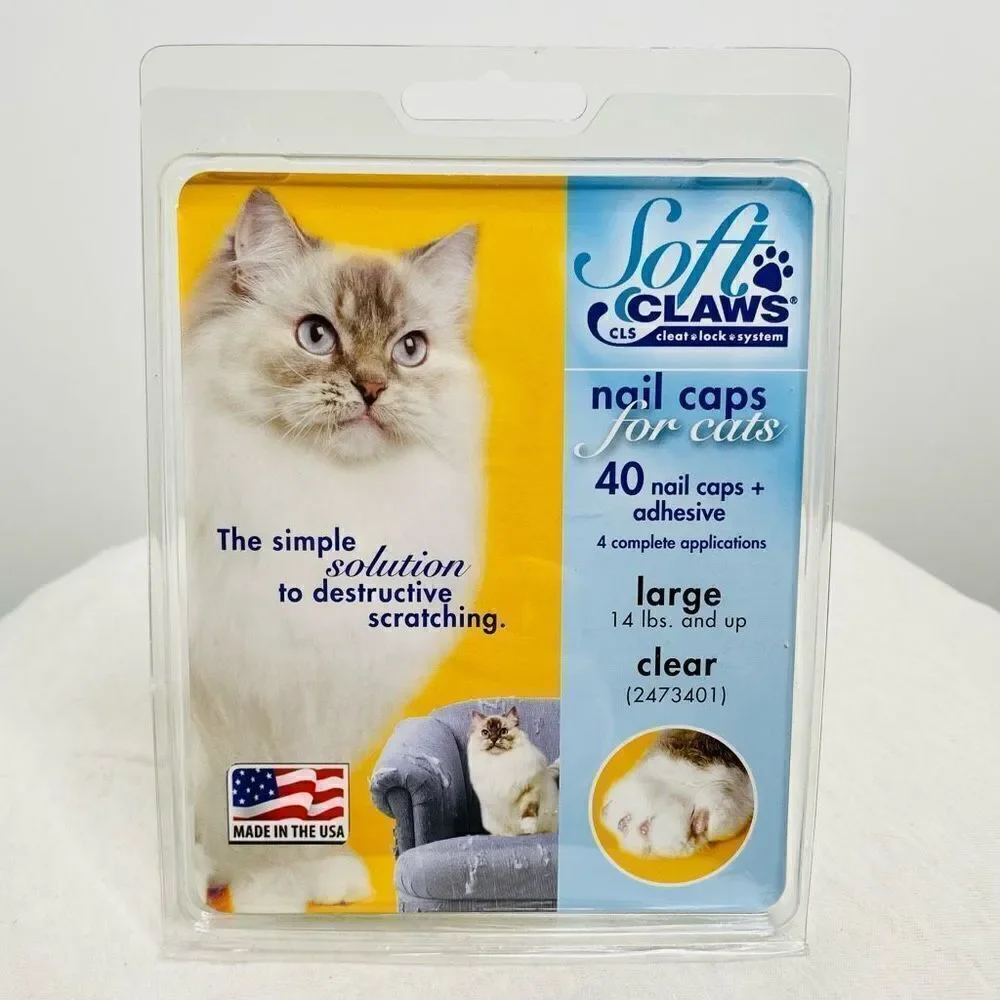 NEW Soft Claws 40 Nail‎ Caps + Adhesive Large Cat Size 14 lb Clear Scratching